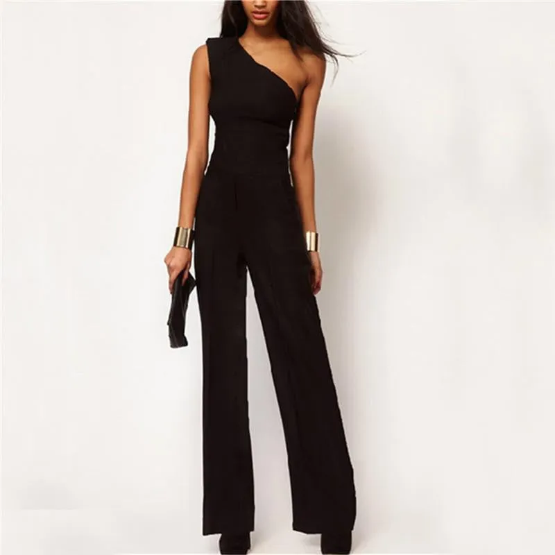 Style Black Chiffon Women Long Rompers Jumpsuit One Shoulder Off Empire Club Party Playsuits Overalls