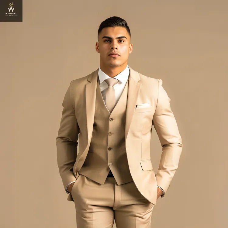 Stylish Three-Piece Beige Suit for Men - Custom Made Bespoke Wedding Suit, Tailored Wedding Attire