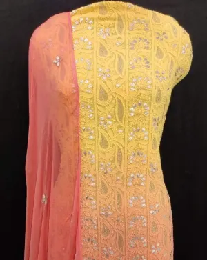 Sunset Pink-Orange Ombre Chikankari Gota Salwar Kameez Unstitched fabric