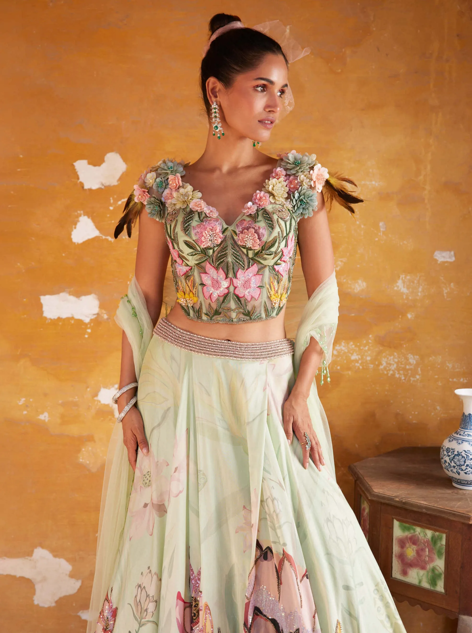 Tea green floral lehenga set
