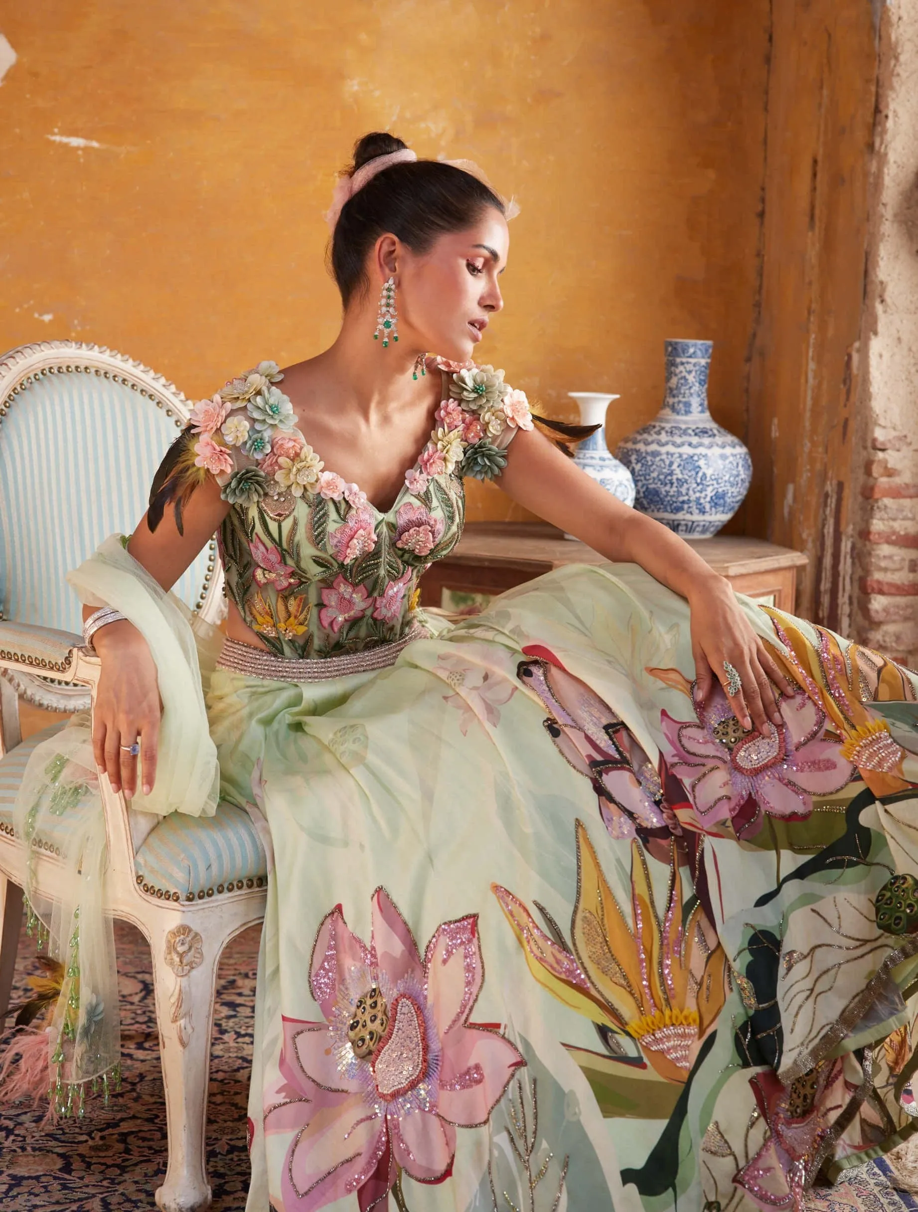 Tea green floral lehenga set