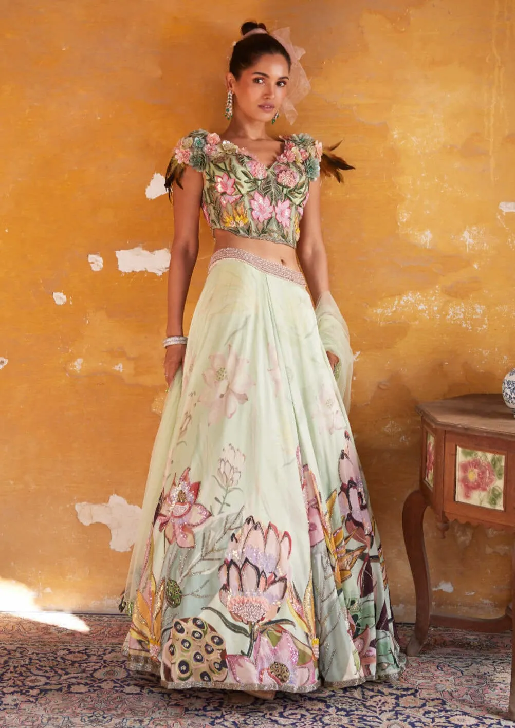 Tea green floral lehenga set