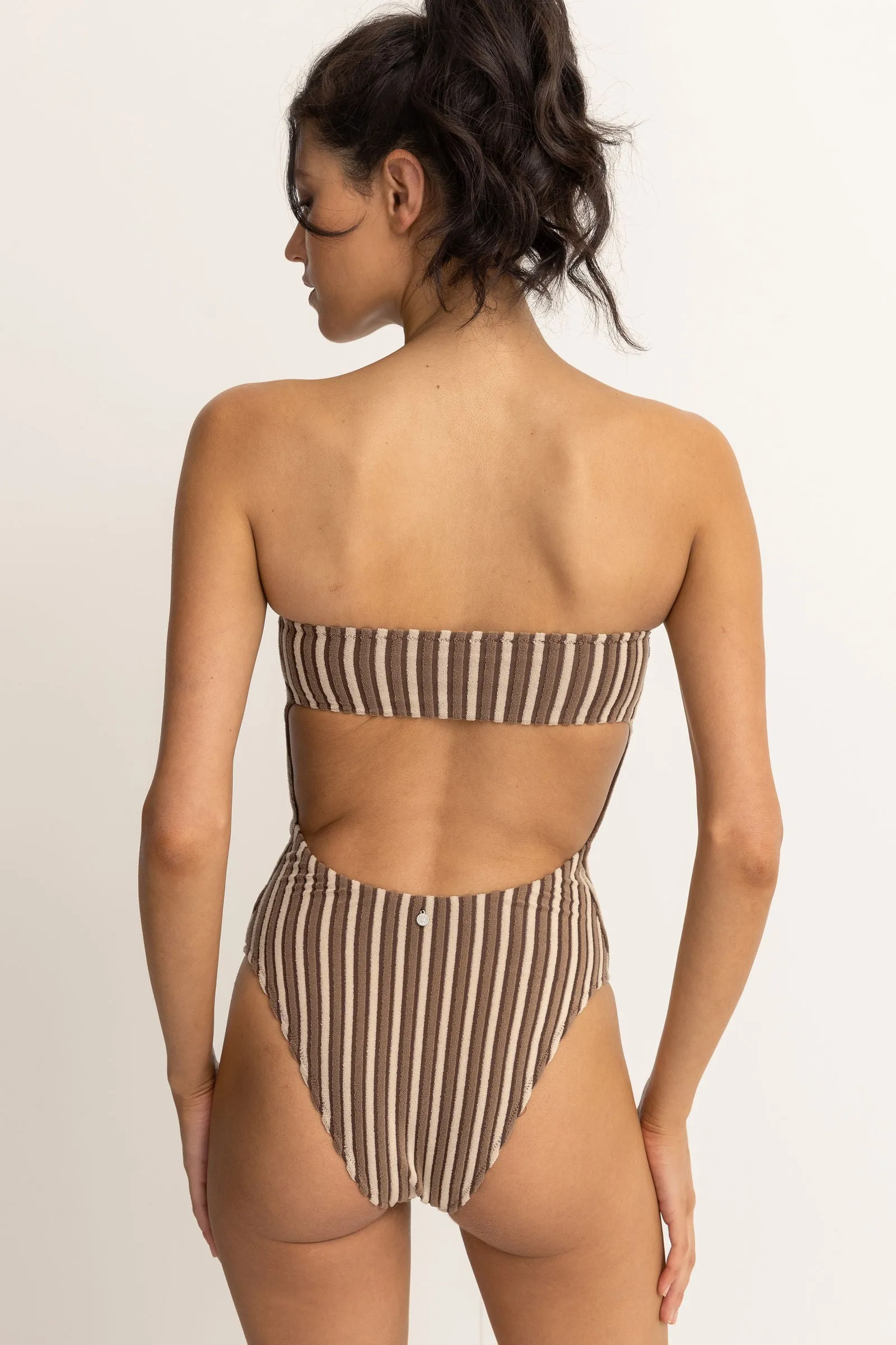 TERRY SANDS STRIPE STRAPLESS ONE PIECE - COCOA