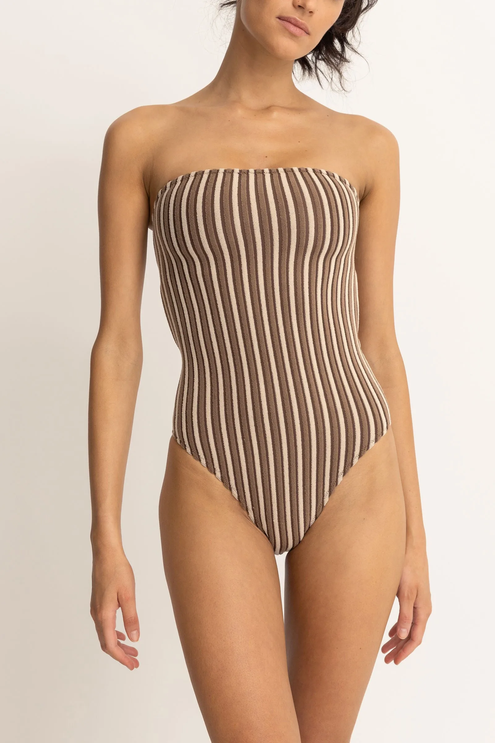 TERRY SANDS STRIPE STRAPLESS ONE PIECE - COCOA