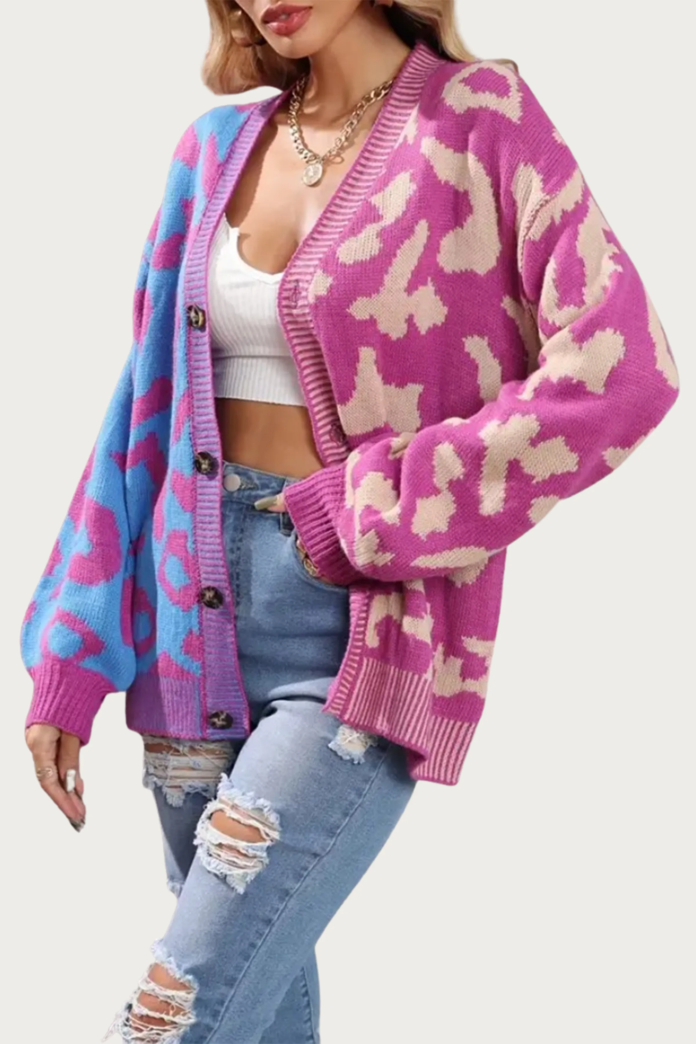 TWO-TONE LEOPARD KNIT CARDIGAN