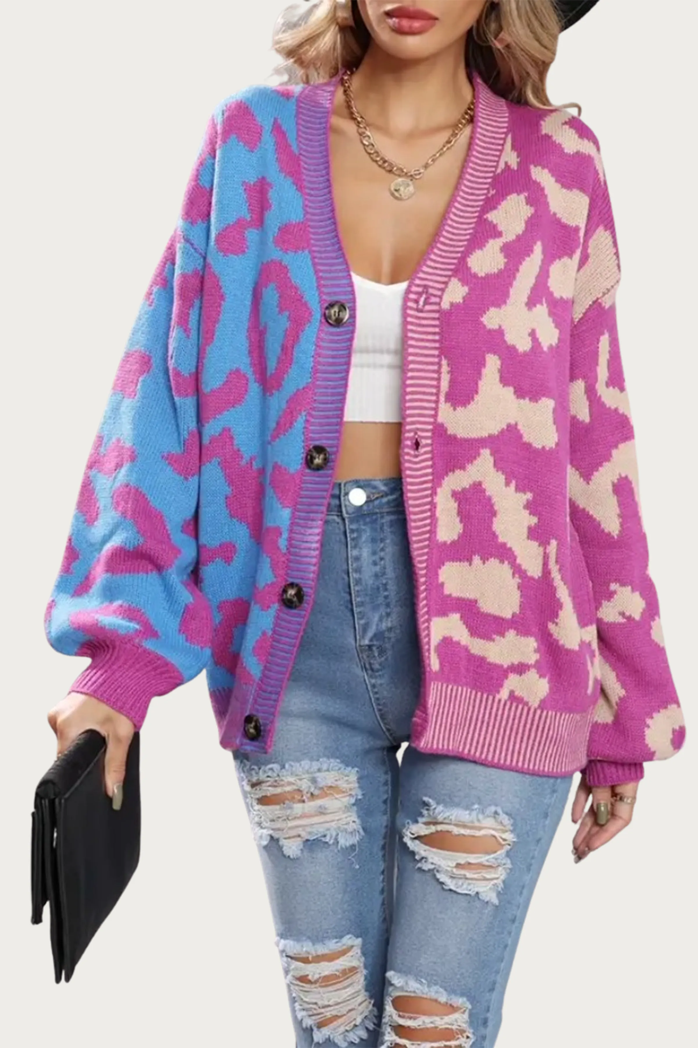 TWO-TONE LEOPARD KNIT CARDIGAN