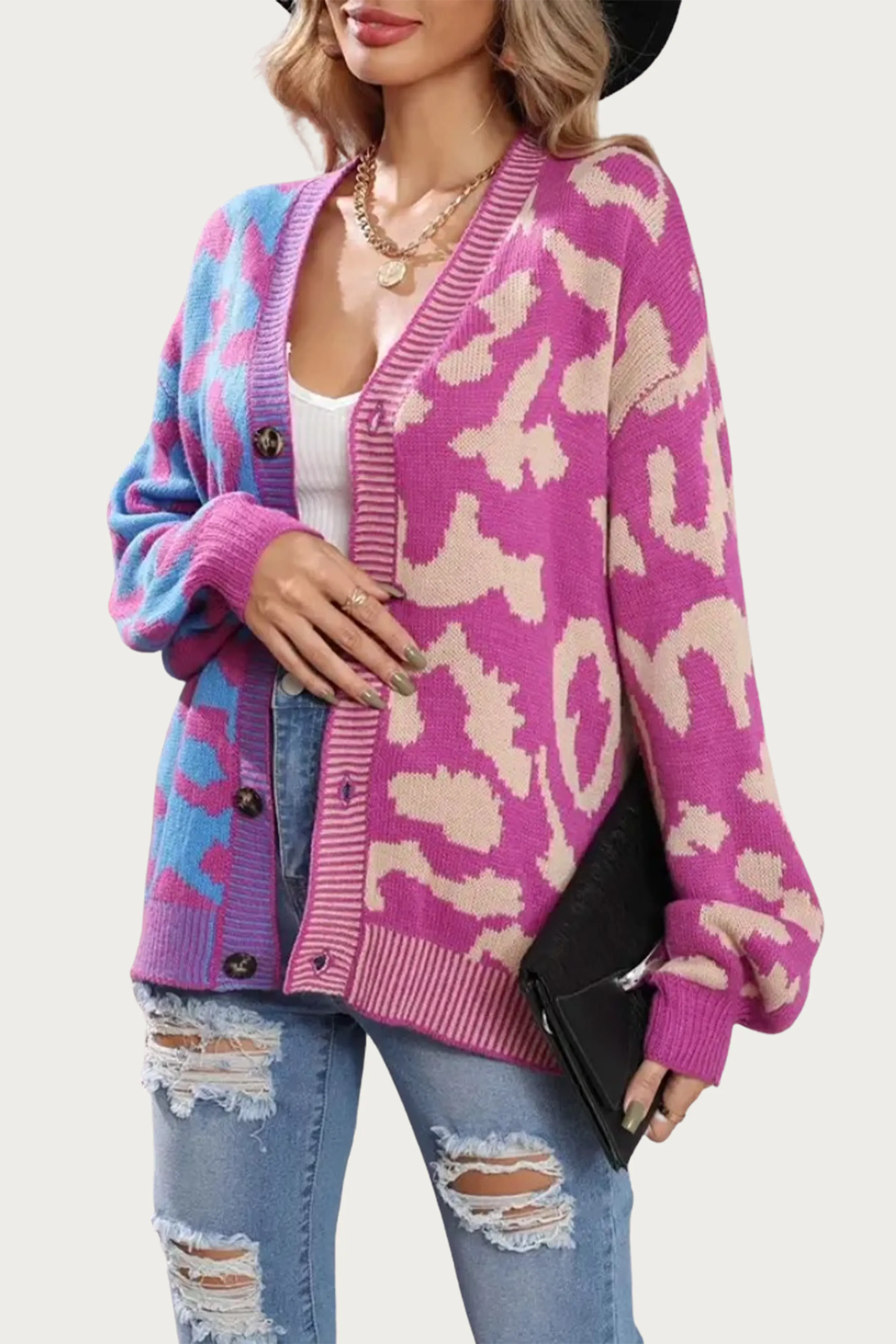 TWO-TONE LEOPARD KNIT CARDIGAN