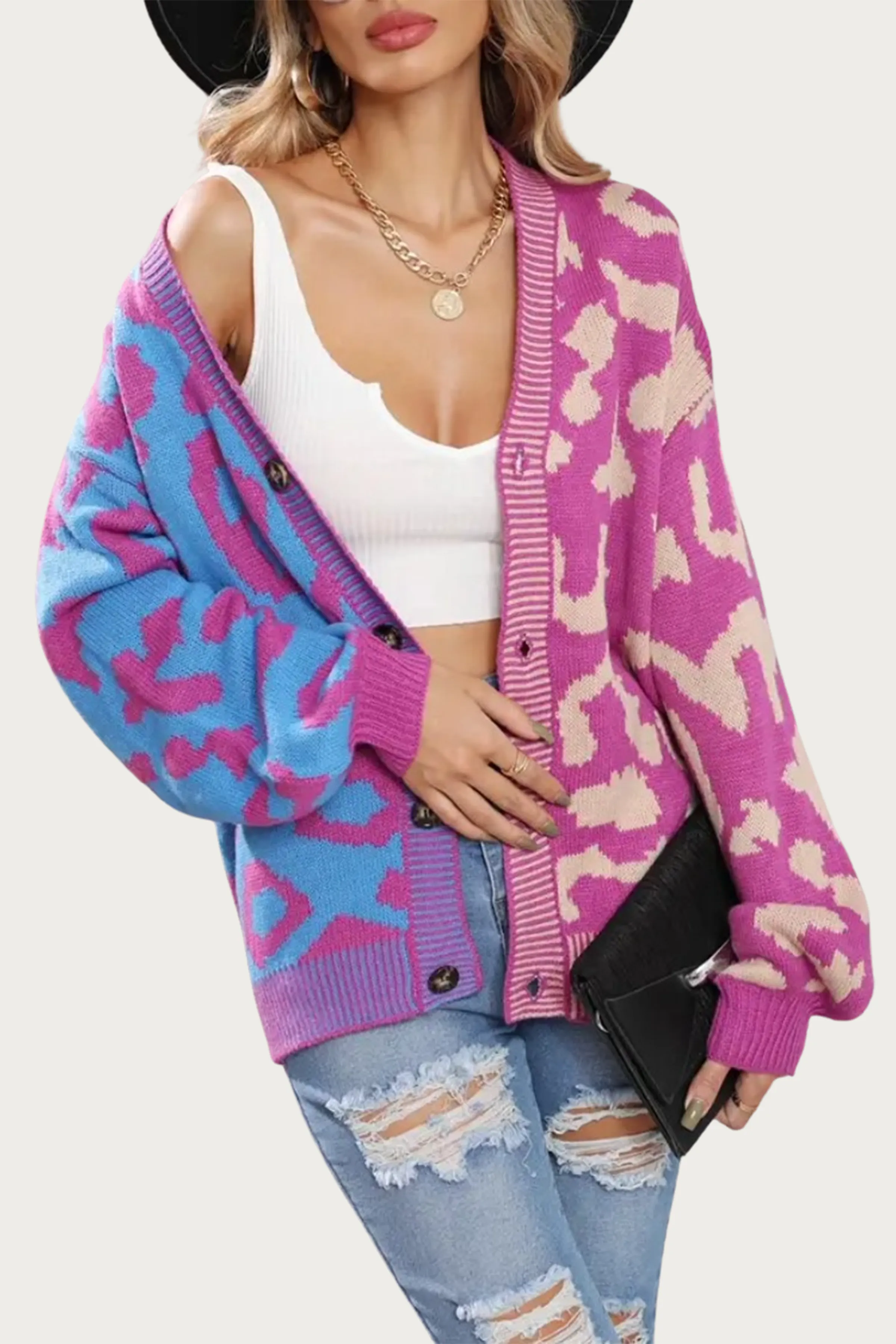 TWO-TONE LEOPARD KNIT CARDIGAN