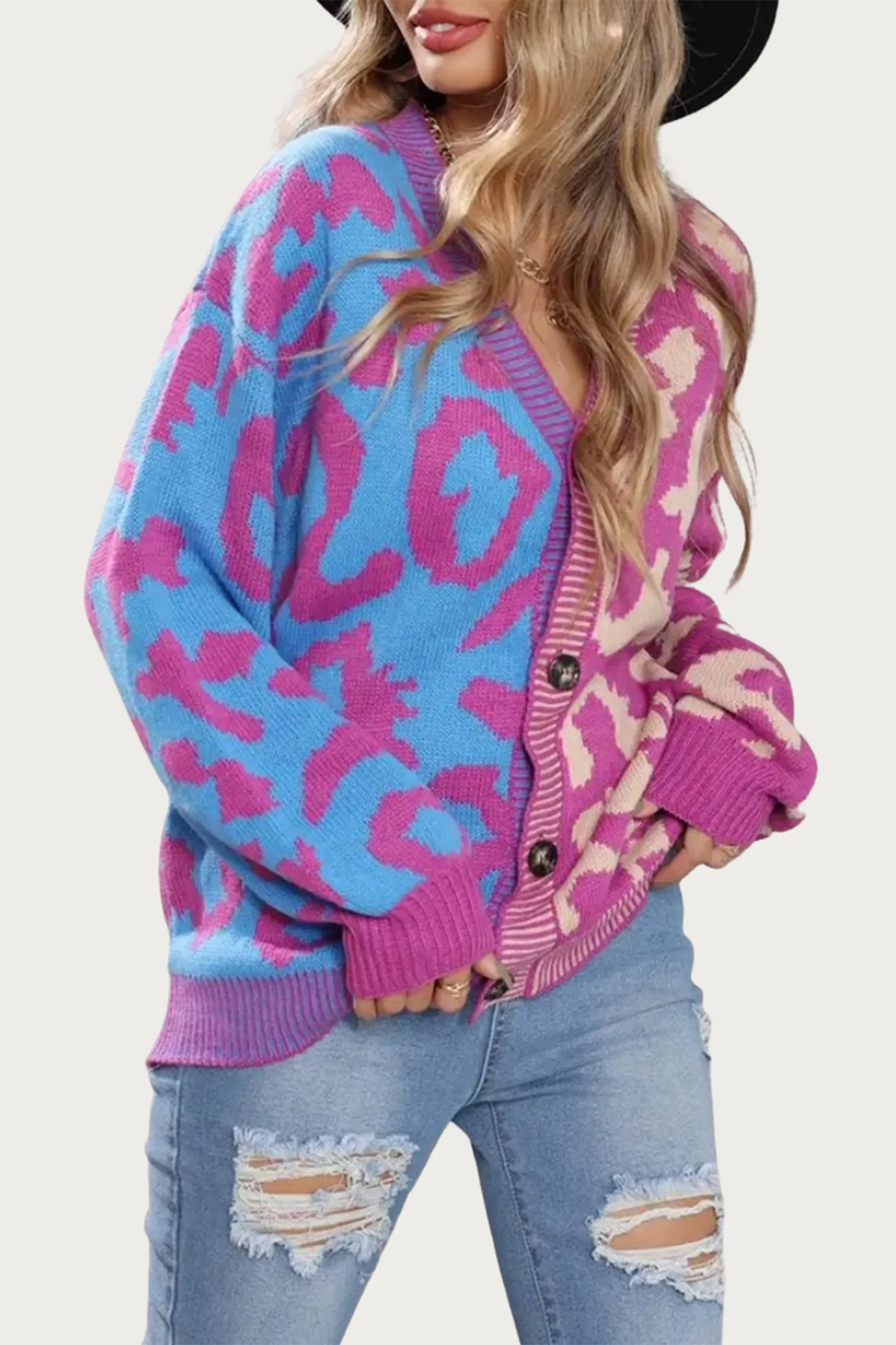 TWO-TONE LEOPARD KNIT CARDIGAN
