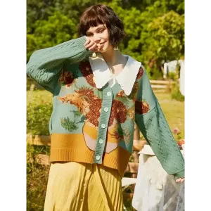 Van Gogh's Sunflowers Cardigan with Deep V-Neckline and Button Fastening
