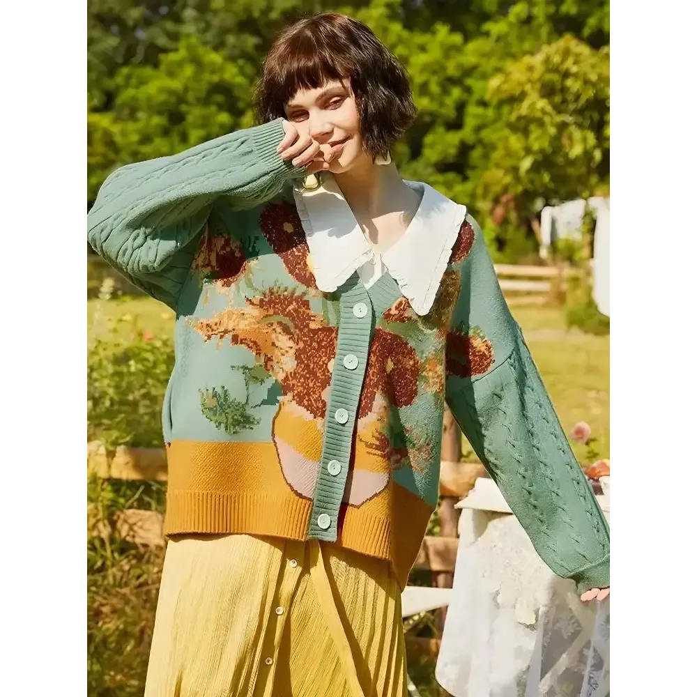 Van Gogh's Sunflowers Cardigan with Deep V-Neckline and Button Fastening