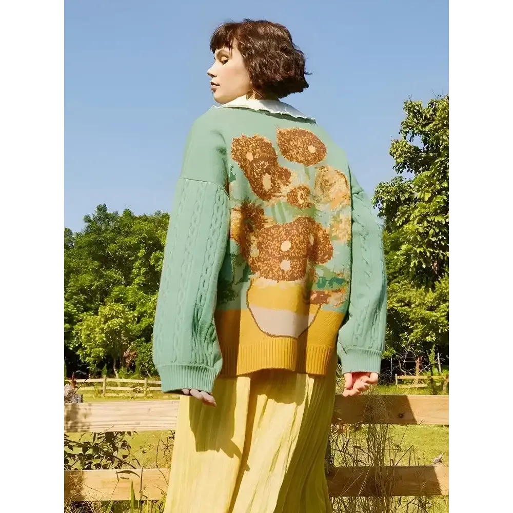 Van Gogh's Sunflowers Cardigan with Deep V-Neckline and Button Fastening