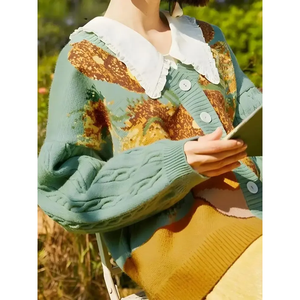 Van Gogh's Sunflowers Cardigan with Deep V-Neckline and Button Fastening