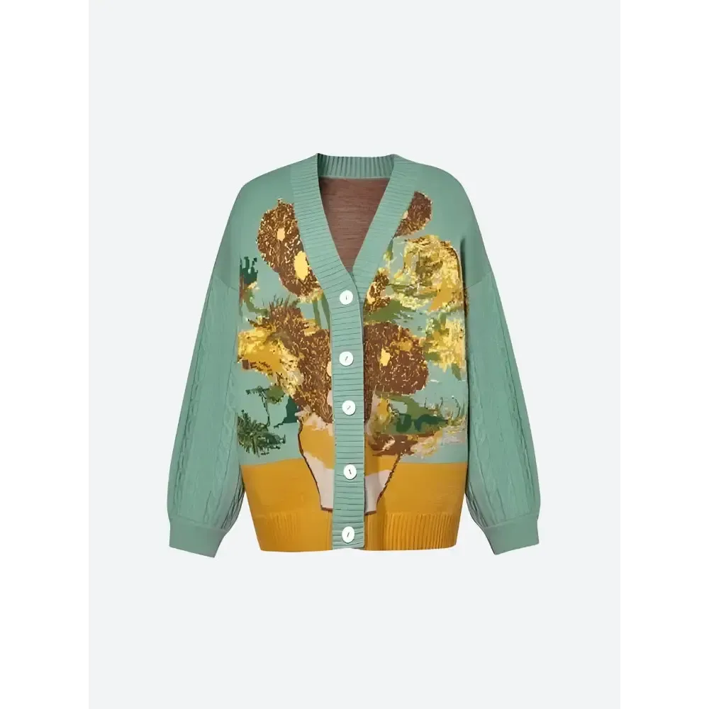 Van Gogh's Sunflowers Cardigan with Deep V-Neckline and Button Fastening
