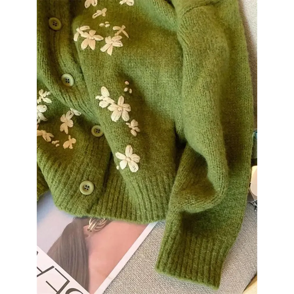 Vintage Daisy Embroidered Y2K Style Full Zip Cardigan Jacket