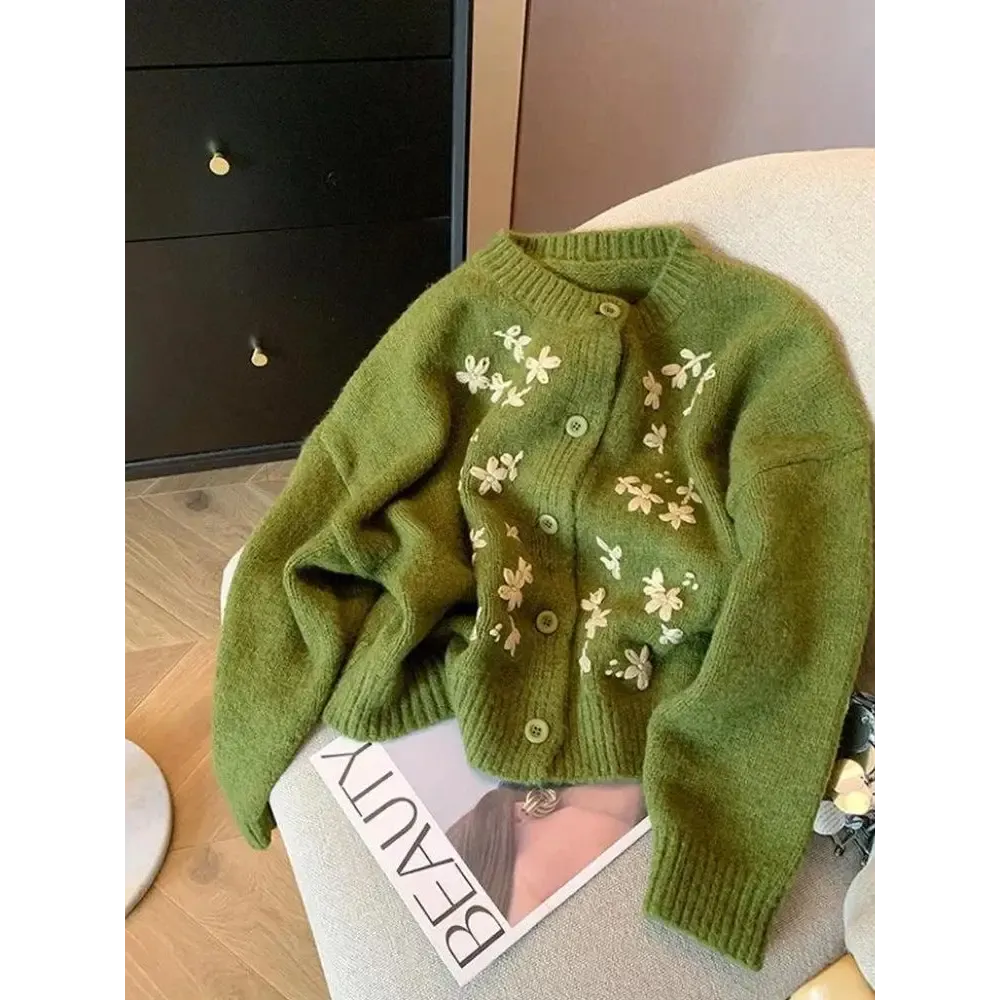 Vintage Daisy Embroidered Y2K Style Full Zip Cardigan Jacket