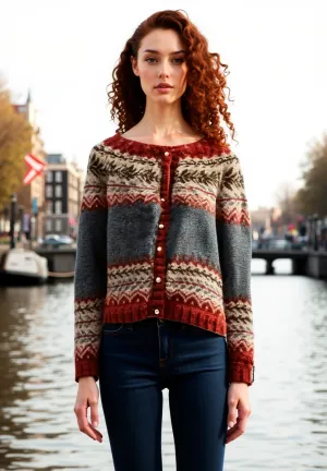 Warm Grey-Red Norwegian Cardigan for Women - Scandinavian Jumper, Cosy Knitwear, Winter Fashion