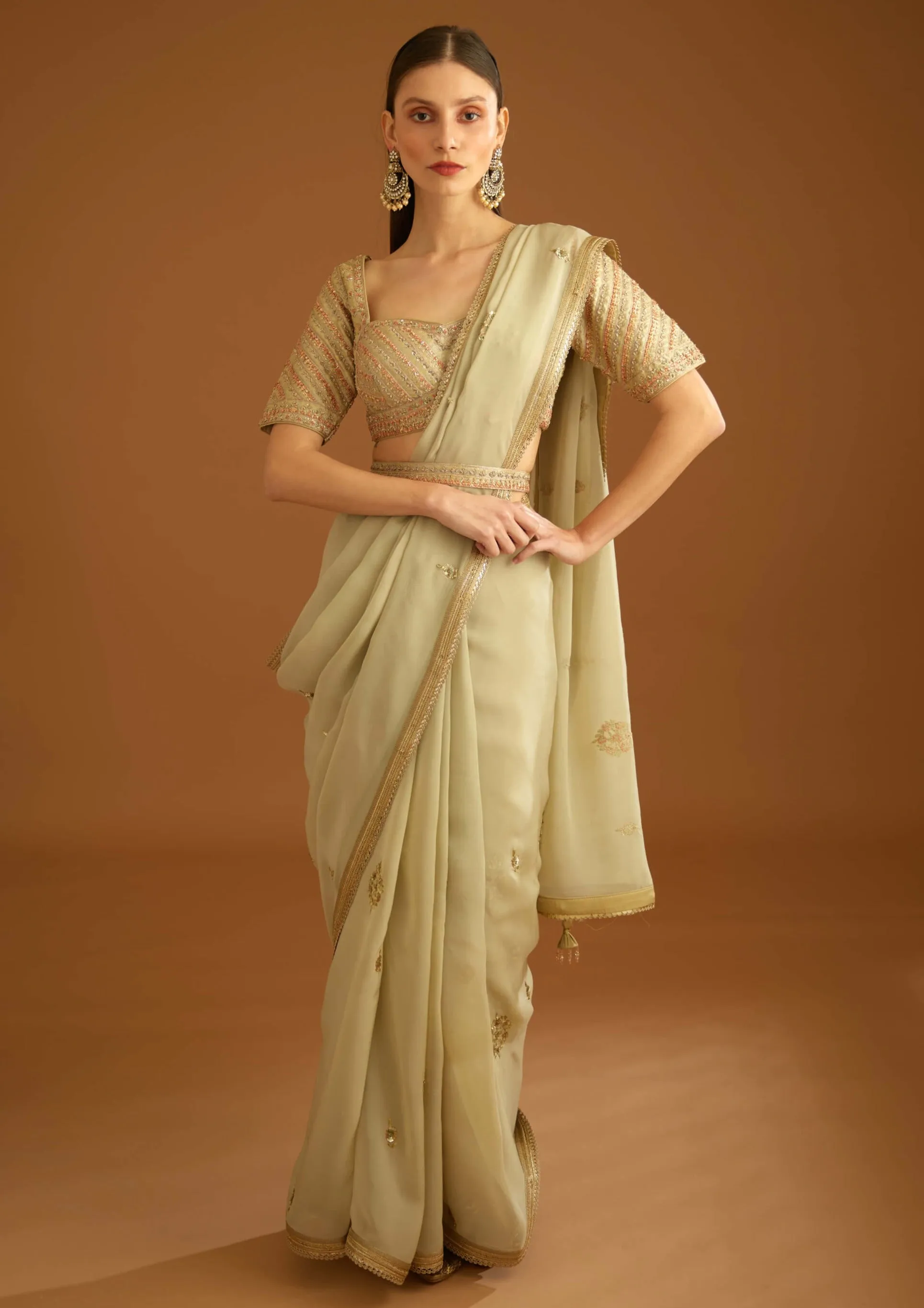 Whisper green zardozi sari and blouse