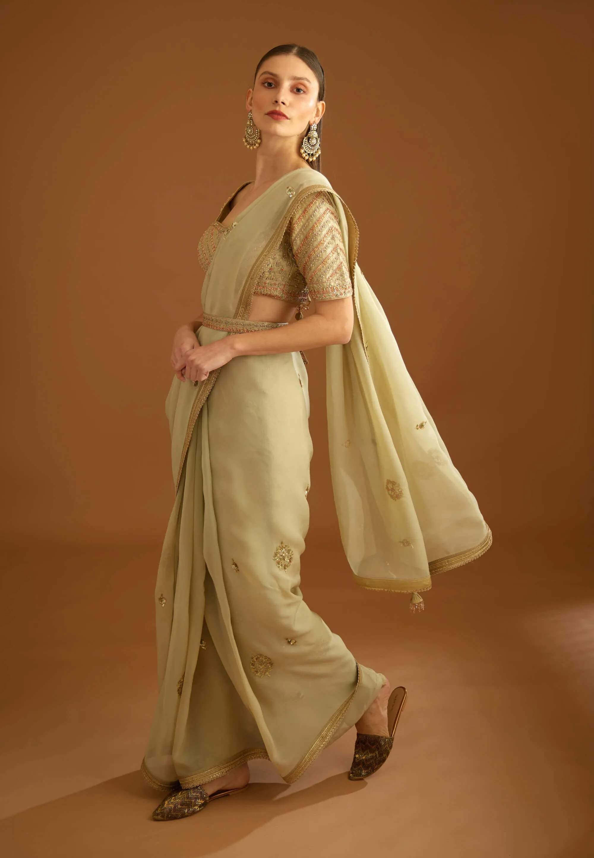 Whisper green zardozi sari and blouse