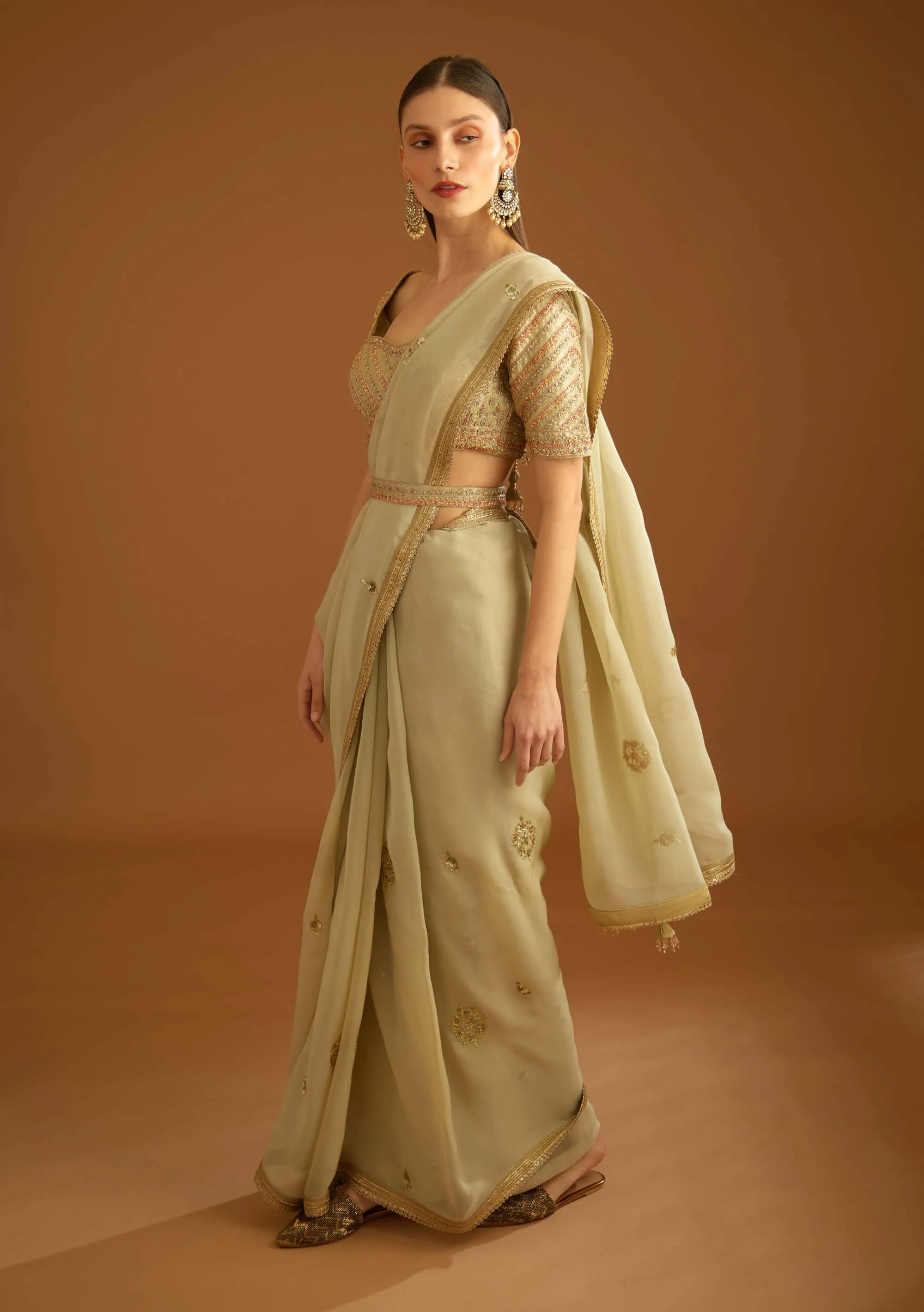 Whisper green zardozi sari and blouse