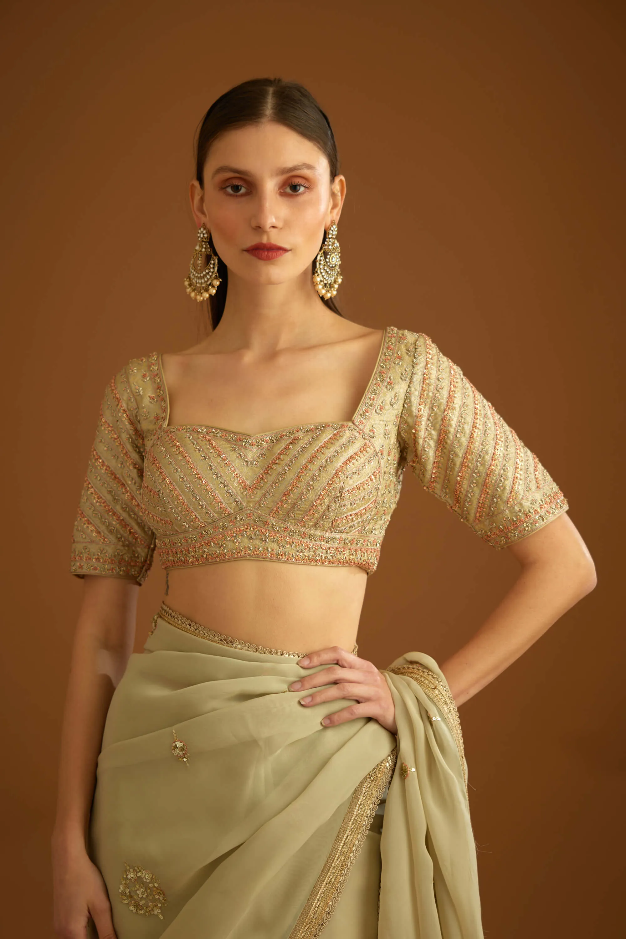 Whisper green zardozi sari and blouse