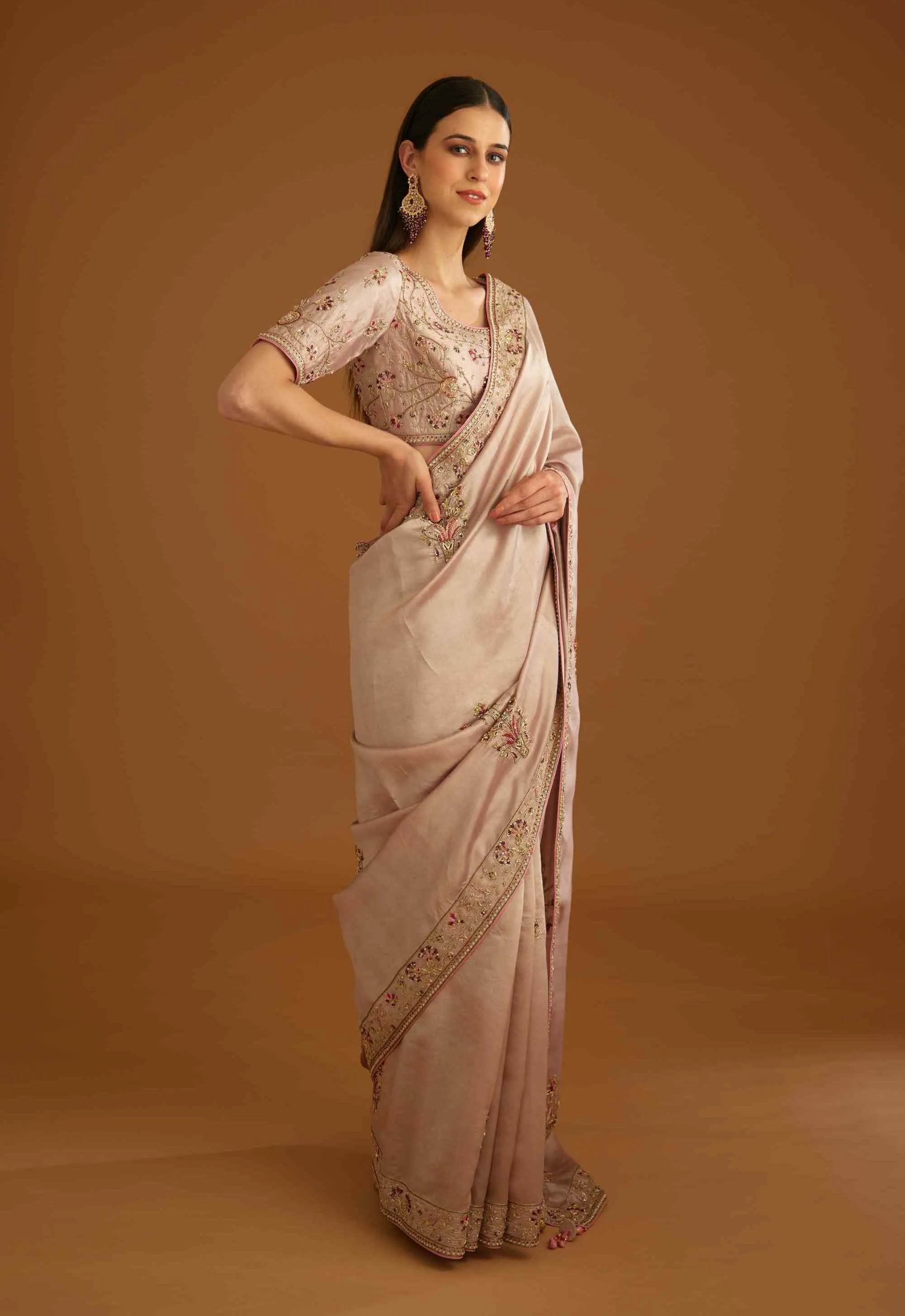 Whisper pink zardozi sari and blouse