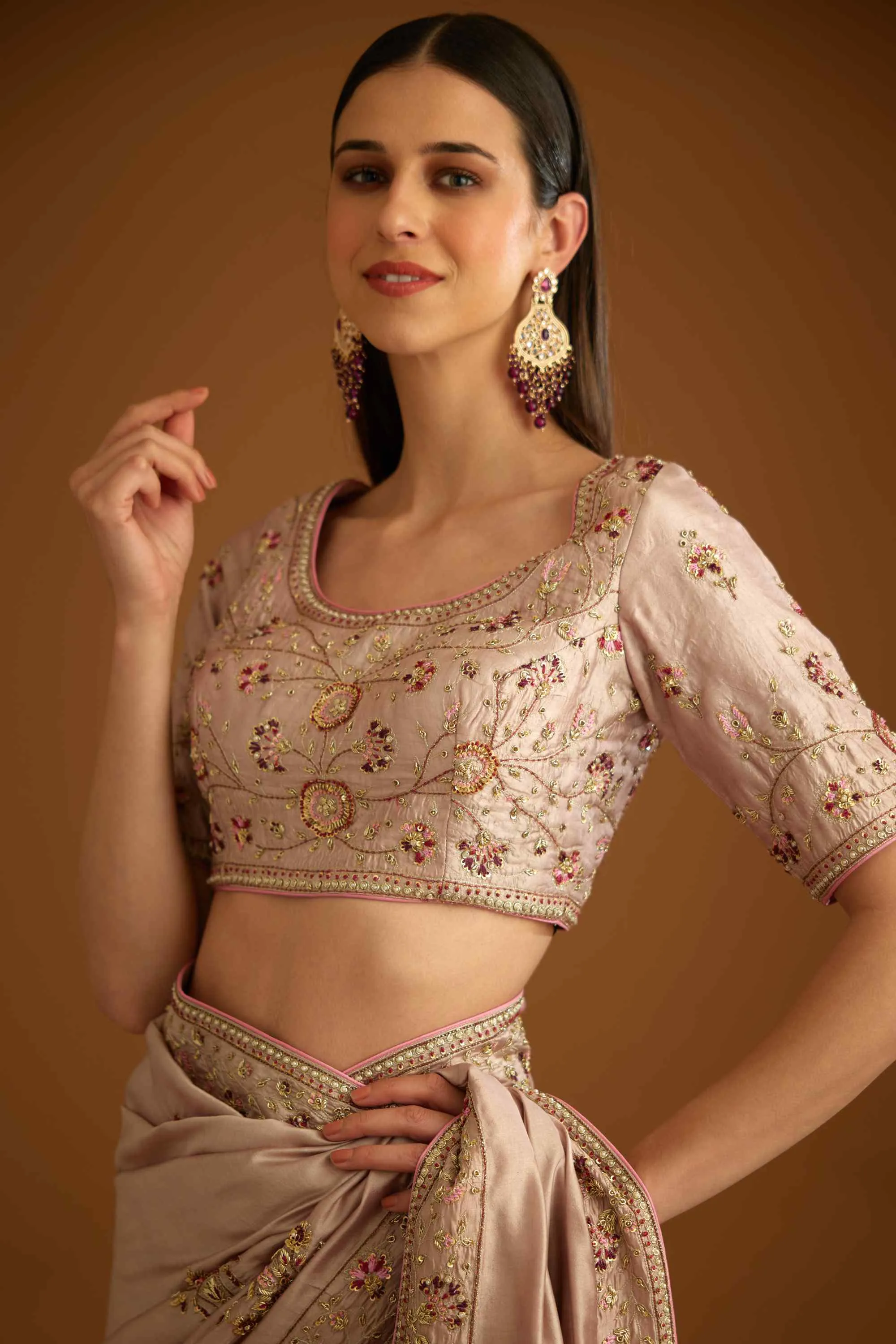 Whisper pink zardozi sari and blouse