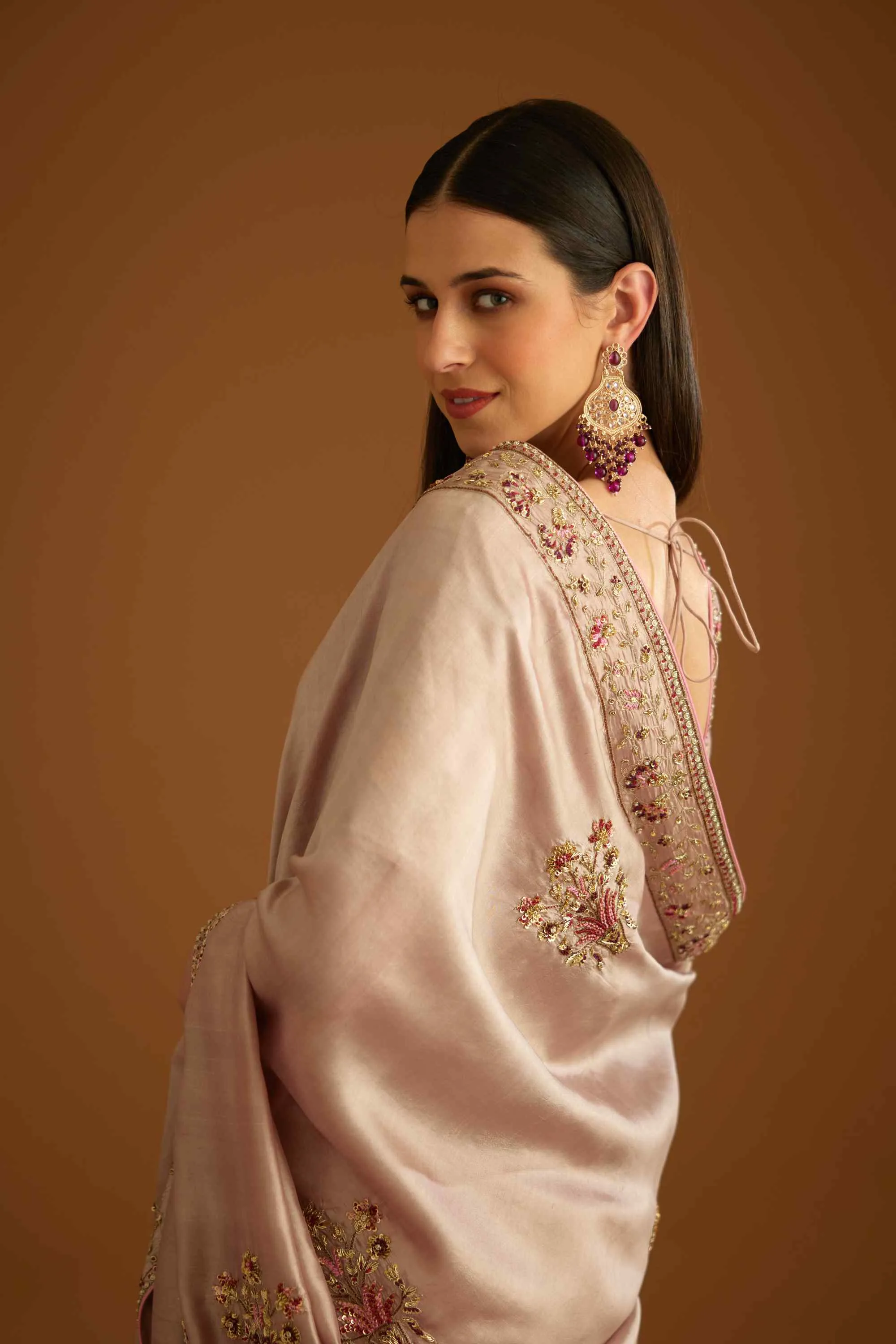 Whisper pink zardozi sari and blouse