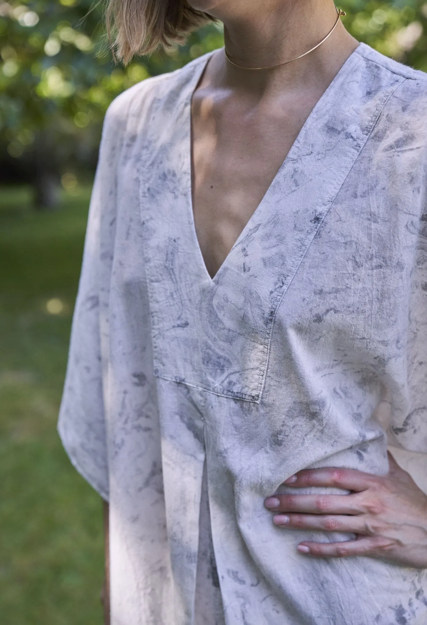 White and Grey Marble Tie Dye Cotton Midi Caftan