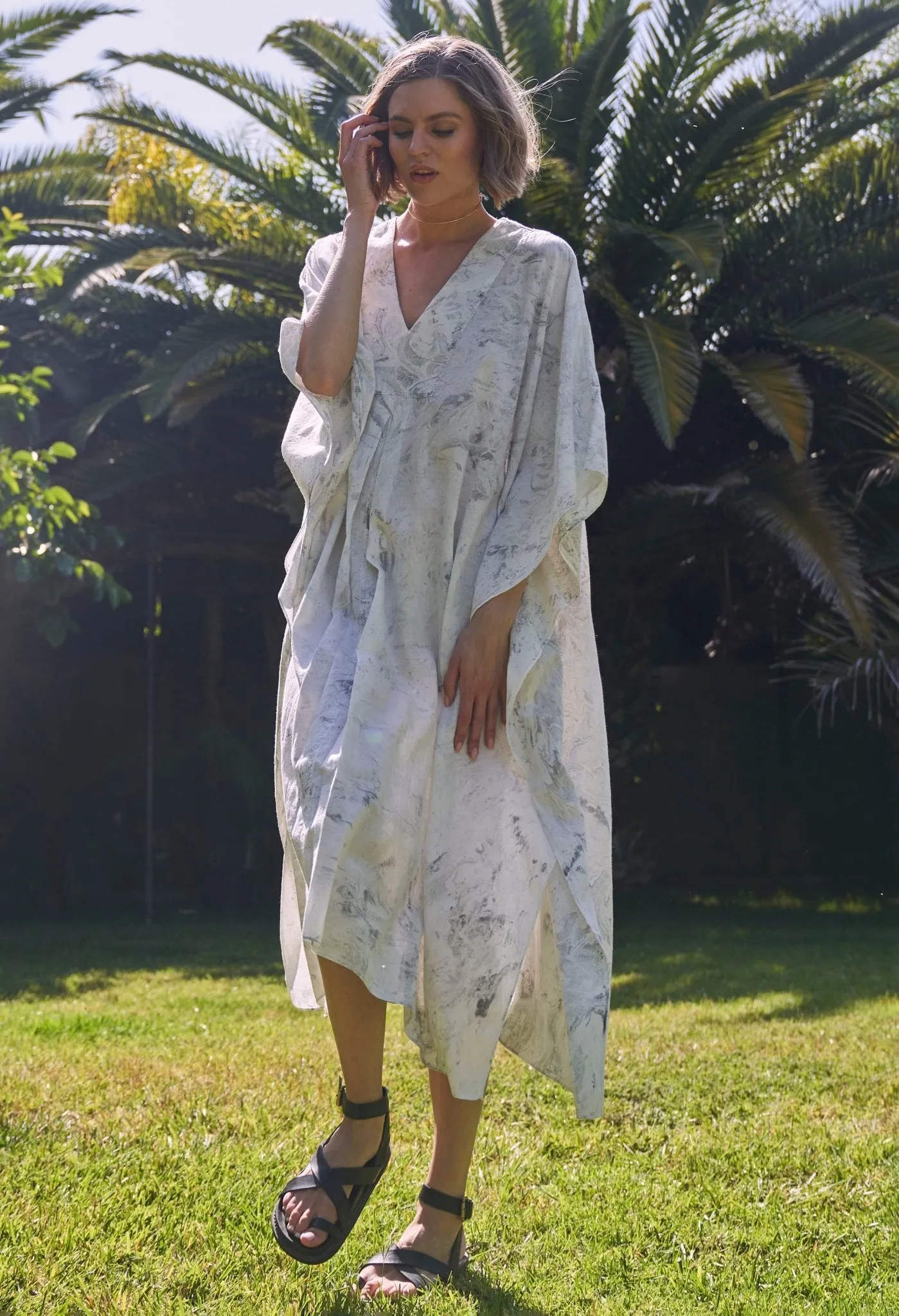 White and Grey Marble Tie Dye Cotton Midi Caftan
