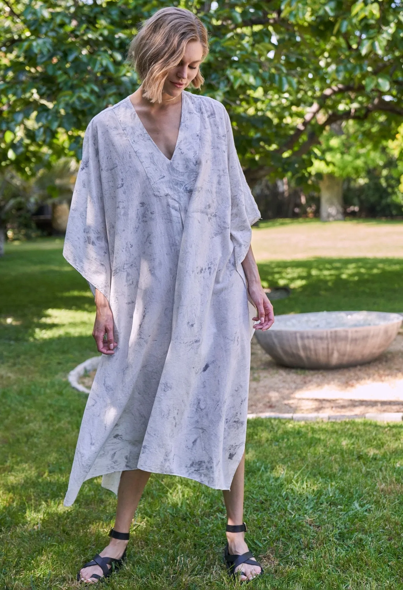 White and Grey Marble Tie Dye Cotton Midi Caftan