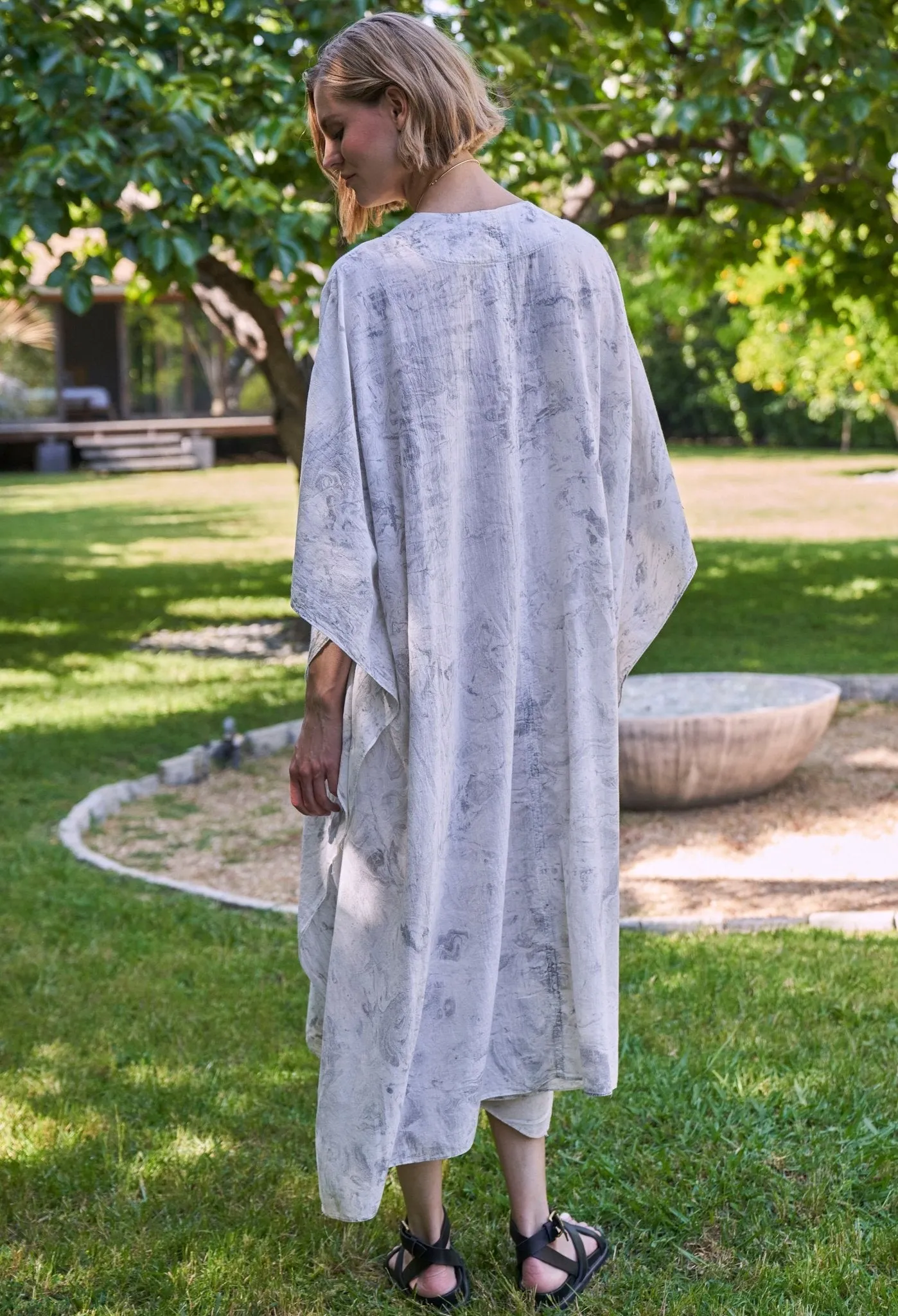 White and Grey Marble Tie Dye Cotton Midi Caftan