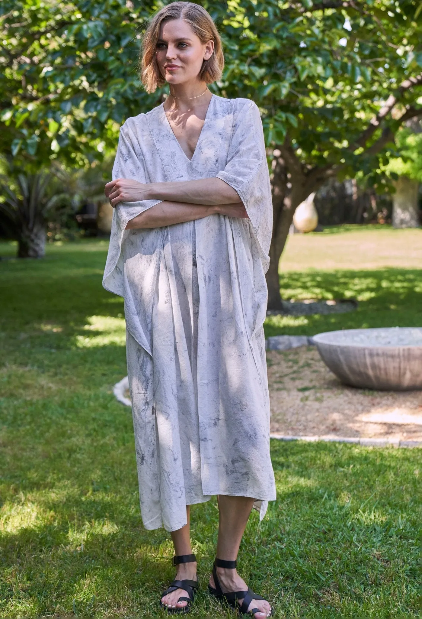 White and Grey Marble Tie Dye Cotton Midi Caftan