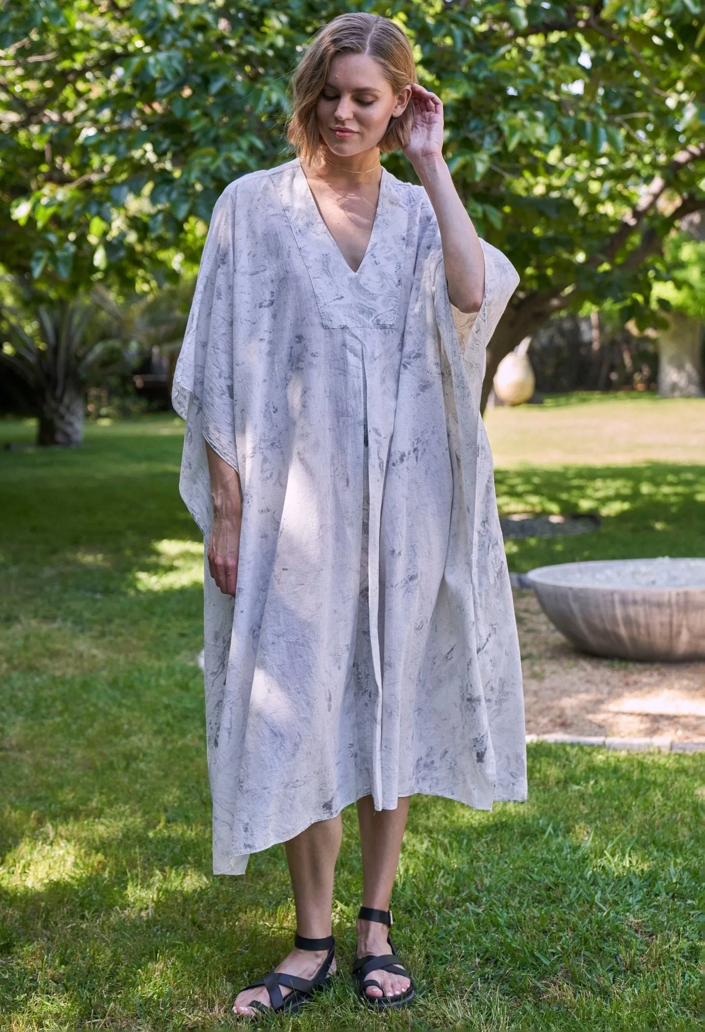 White and Grey Marble Tie Dye Cotton Midi Caftan