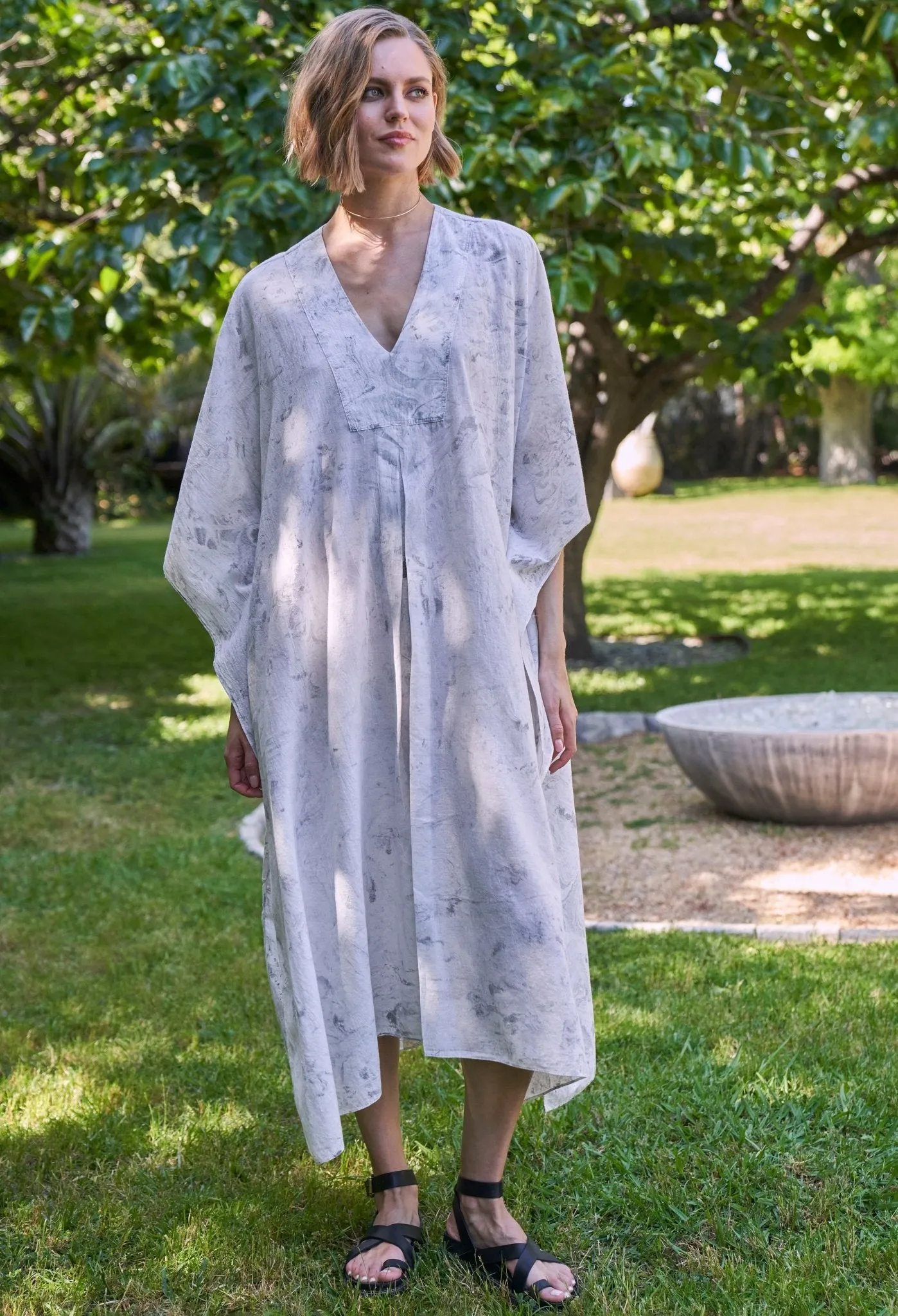 White and Grey Marble Tie Dye Cotton Midi Caftan