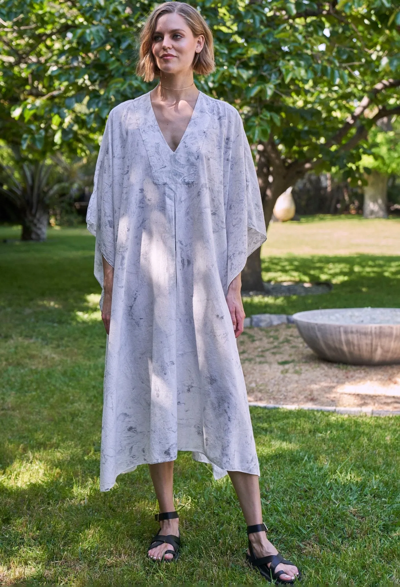 White and Grey Marble Tie Dye Cotton Midi Caftan