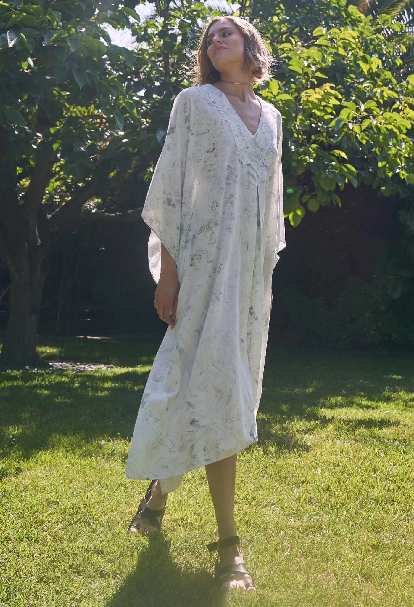 White and Grey Marble Tie Dye Cotton Midi Caftan
