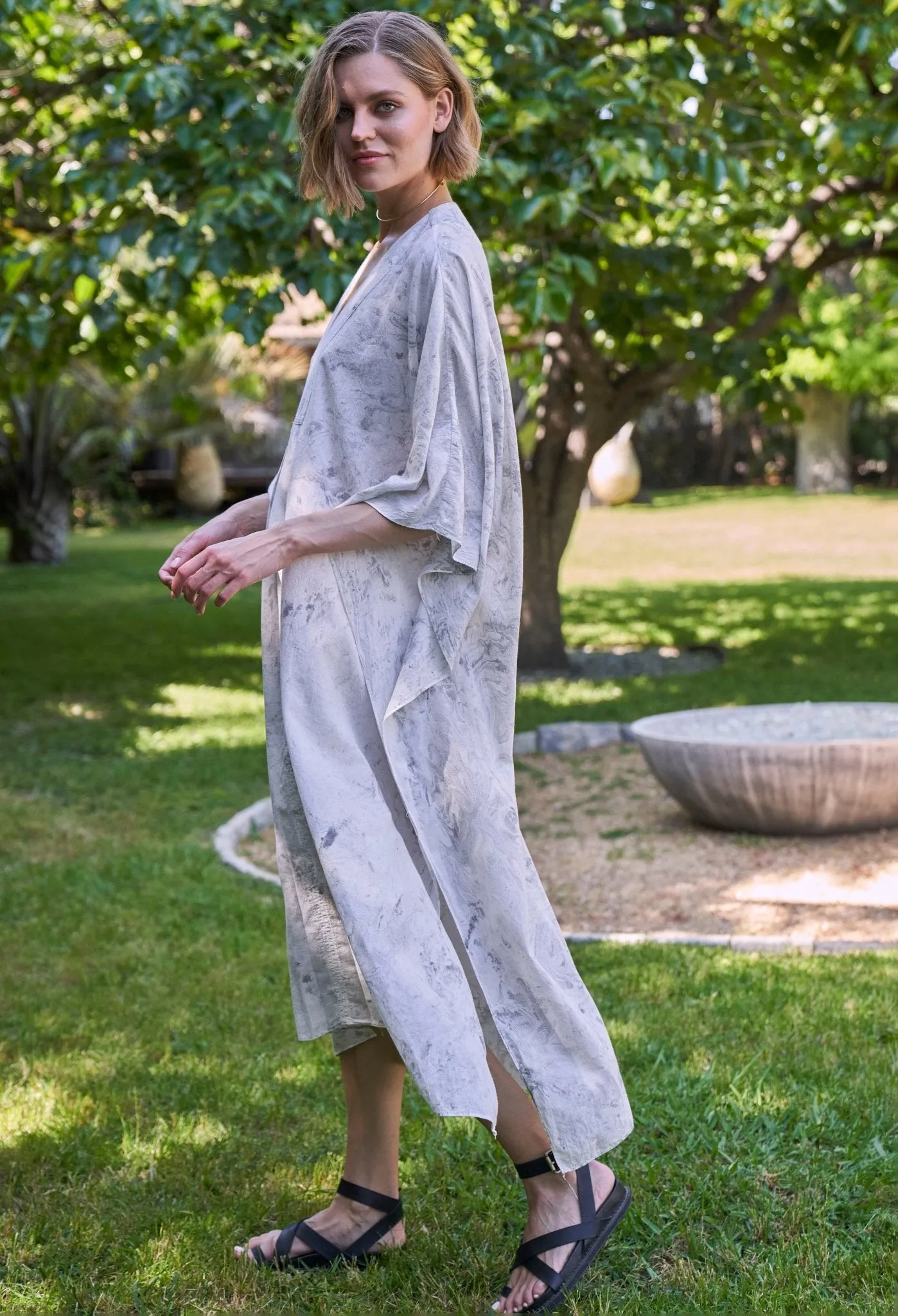 White and Grey Marble Tie Dye Cotton Midi Caftan
