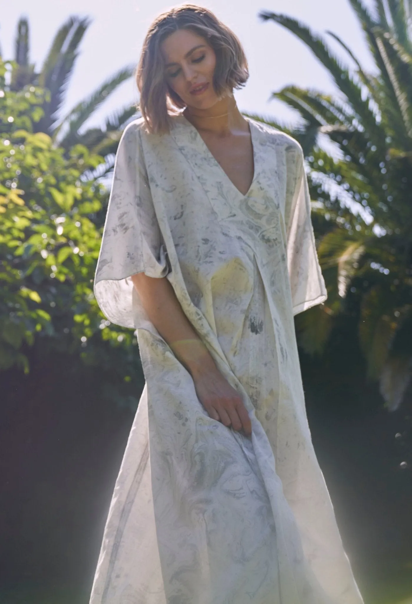 White and Grey Marble Tie Dye Cotton Midi Caftan