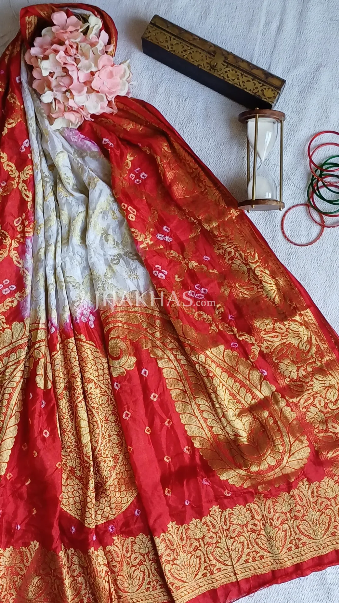 White And Red Ghatchola Banarasi Dupatta