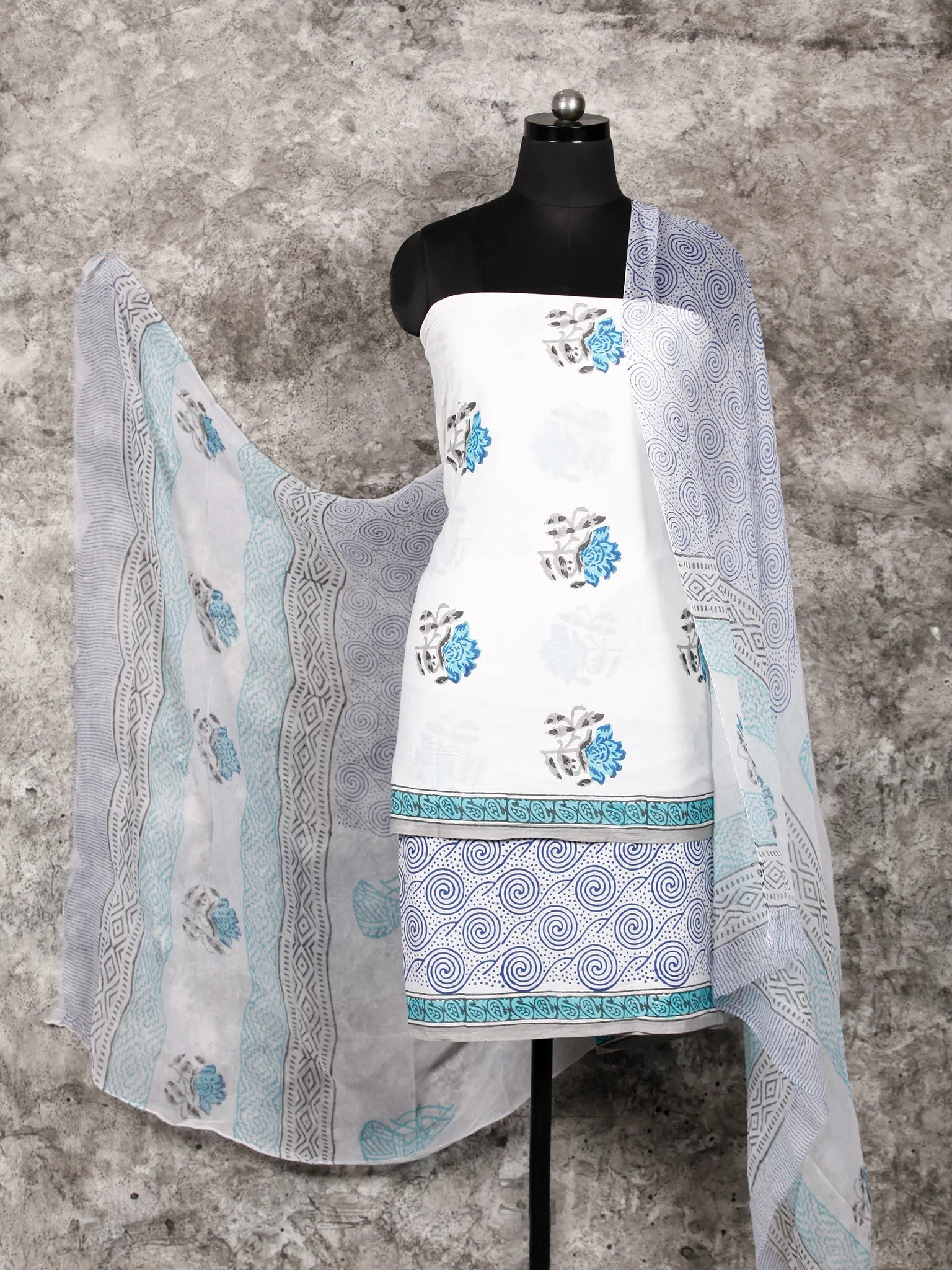 White Blue Black Hand Block Printed Cotton Suit-Salwar Fabric With Chiffon Dupatta (Set of 3) - SU01HB339