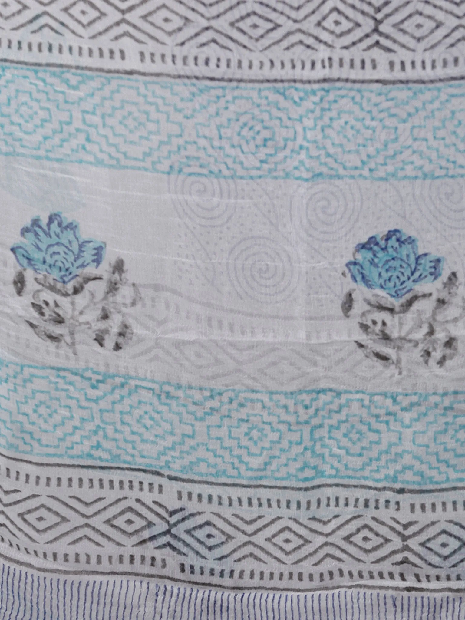 White Blue Black Hand Block Printed Cotton Suit-Salwar Fabric With Chiffon Dupatta (Set of 3) - SU01HB339