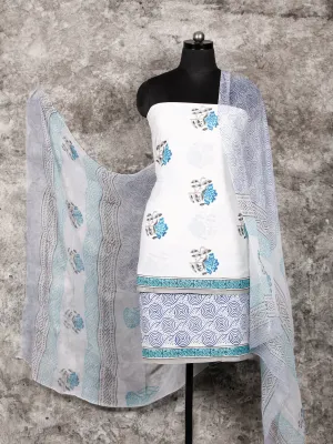 White Blue Black Hand Block Printed Cotton Suit-Salwar Fabric With Chiffon Dupatta (Set of 3) - SU01HB339