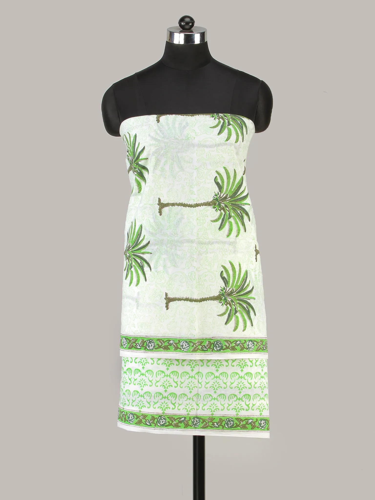 White Green Grey Hand Block Printed Cotton Suit-Salwar Fabric With Chiffon Dupatta (Set of 3) - SU01HB425
