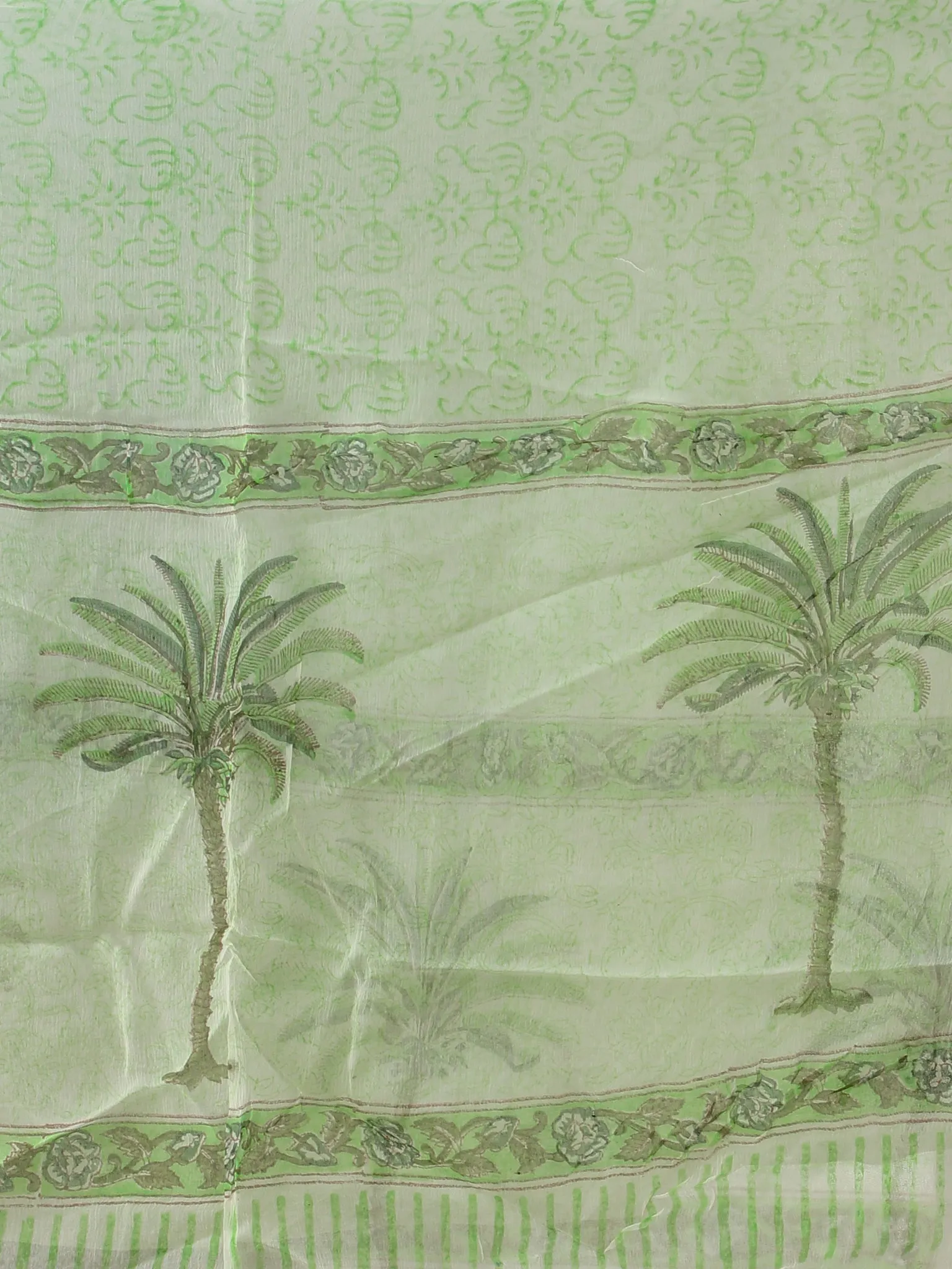 White Green Grey Hand Block Printed Cotton Suit-Salwar Fabric With Chiffon Dupatta (Set of 3) - SU01HB425