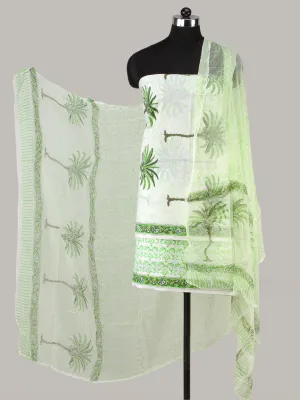 White Green Grey Hand Block Printed Cotton Suit-Salwar Fabric With Chiffon Dupatta (Set of 3) - SU01HB425