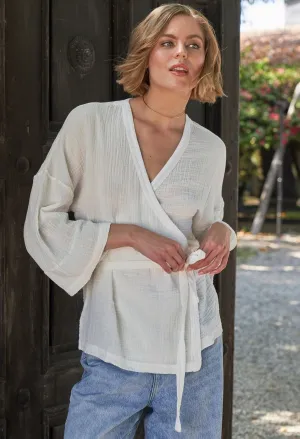 White Kimono Sleeve Gauze Wrap Top - Sale