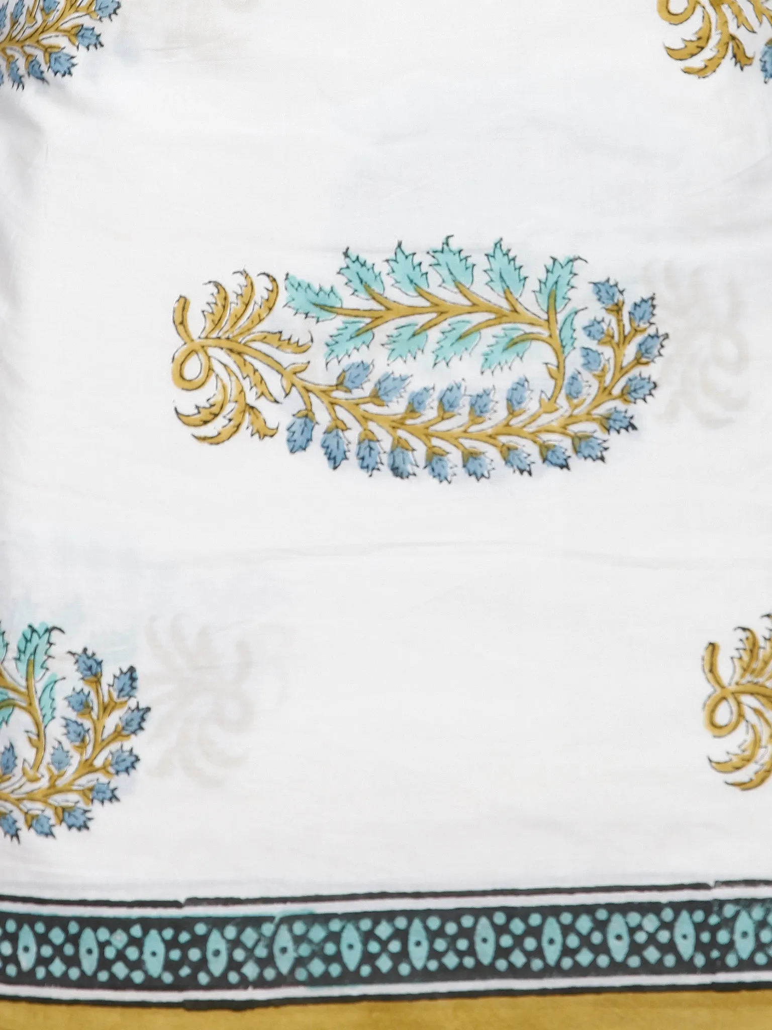 White Mustard SkyBlue  Hand Block Printed Cotton Suit-Salwar Fabric With Chiffon Dupatta (Set of 3) - SU01HB389
