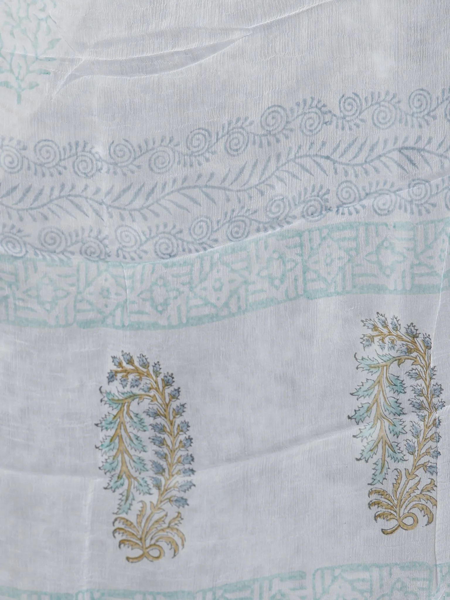 White Mustard SkyBlue  Hand Block Printed Cotton Suit-Salwar Fabric With Chiffon Dupatta (Set of 3) - SU01HB389