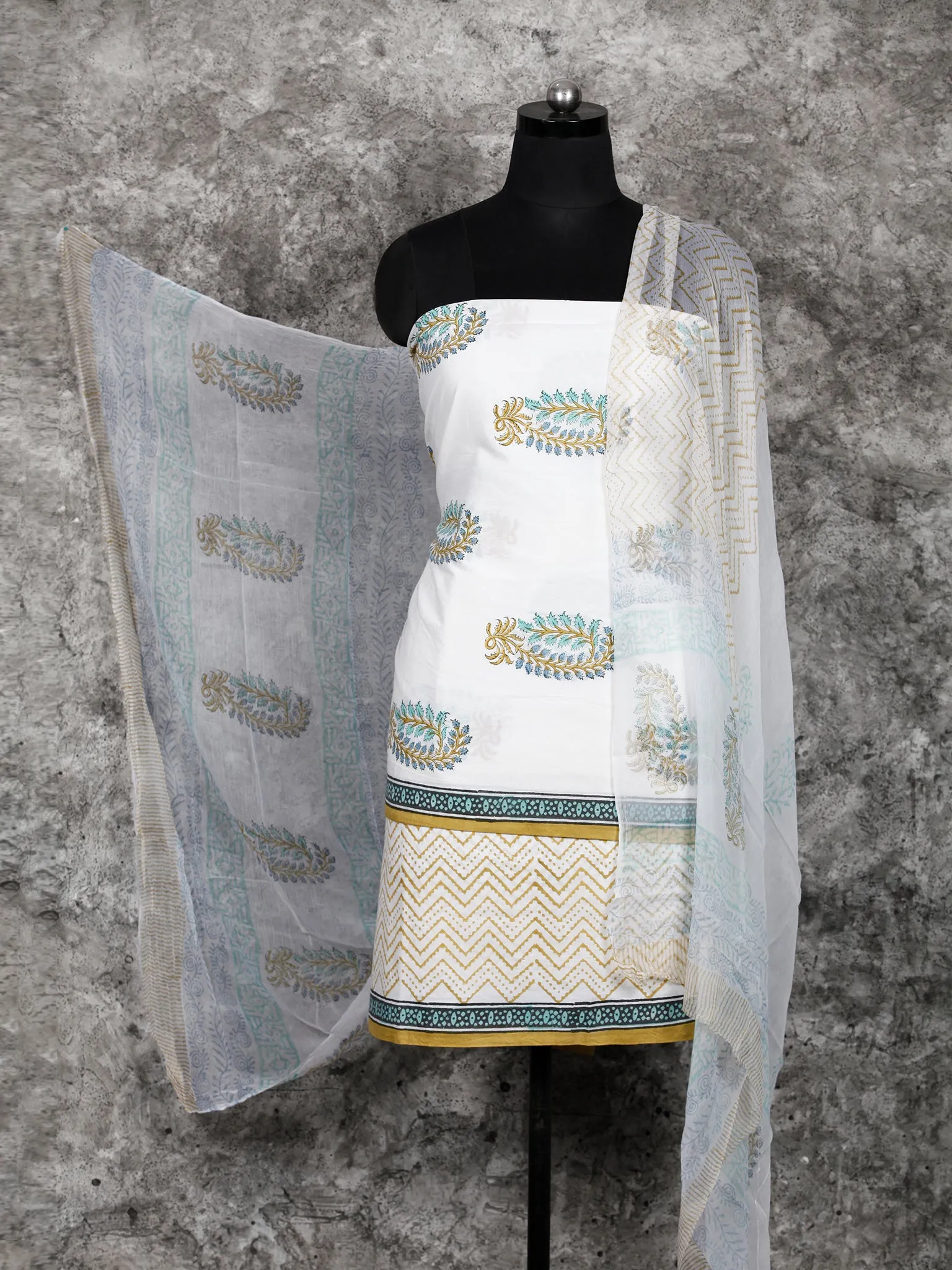 White Mustard SkyBlue  Hand Block Printed Cotton Suit-Salwar Fabric With Chiffon Dupatta (Set of 3) - SU01HB389